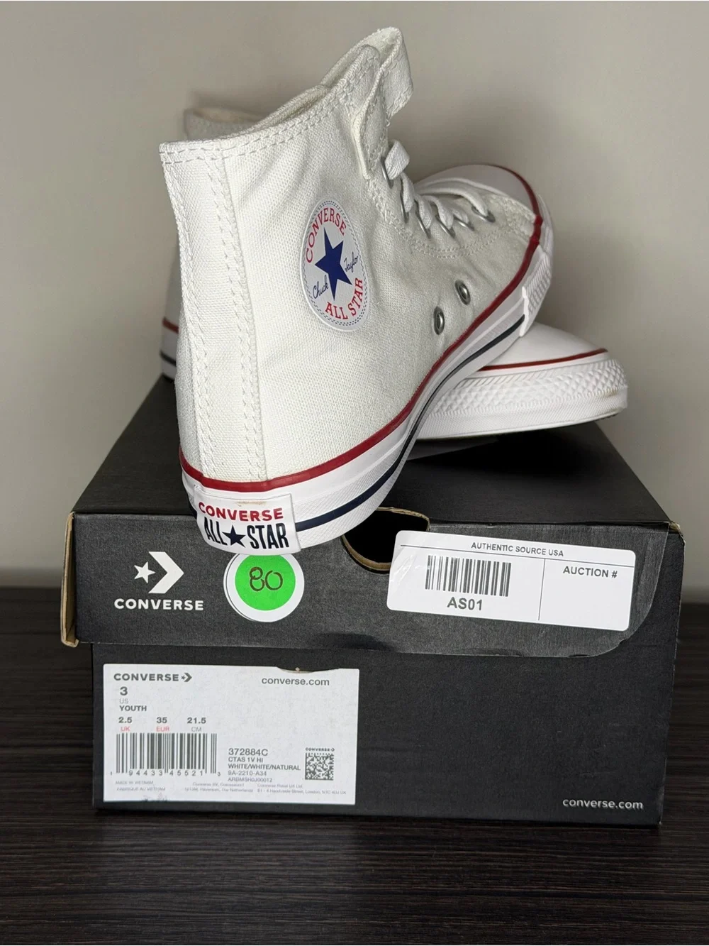 Converse White High Top Canvas Sneakers with Red and Navy Trim